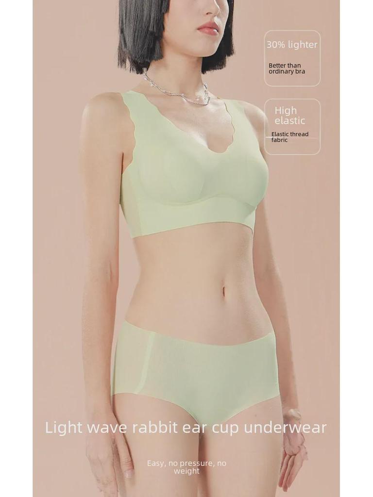 Summer Thin Seamless Rabbit Ear Bra Set for Women - Small Cup, Ice Silk, Wave Edge Design