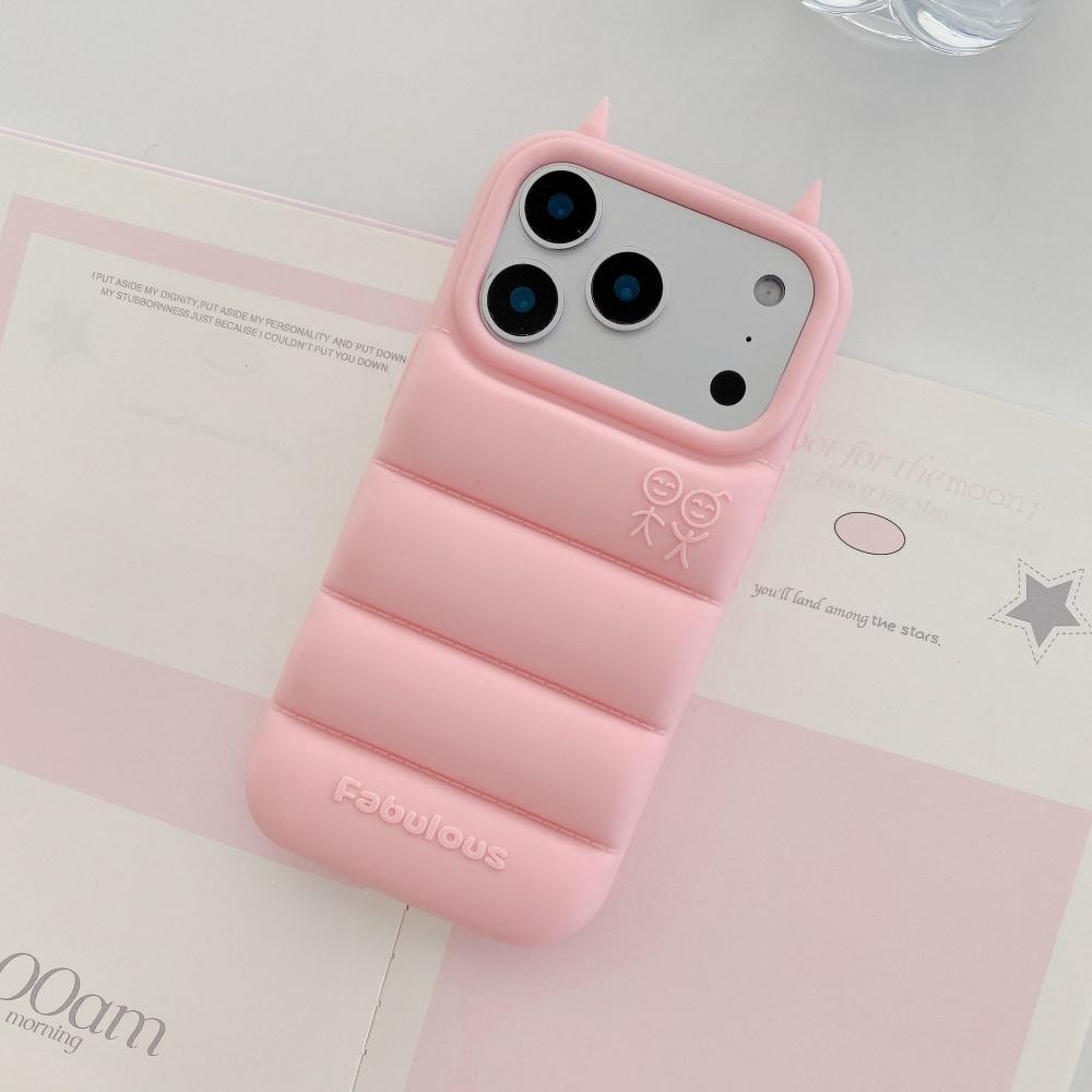 Funny 3D Devil Horns Down Jackets Phone Case for iPhone 17 Pro Max 16 15 14 13 12 Pro Max 16Plus 16E Cute Shockproof Soft Cover