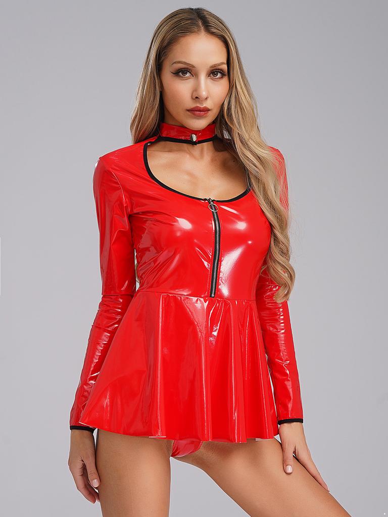 Damen Dessous Kostüme Bodycon Latex Kleid A-Linie Kleider Nachtclub Disco Party Cosplay Kostüm Minirock Clubwear