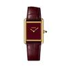 Elegant Retro Gold Square Case Quartz Watch with Burgundy Face and Leather Strap - Fashionable, Versatile, & Waterproof for Women