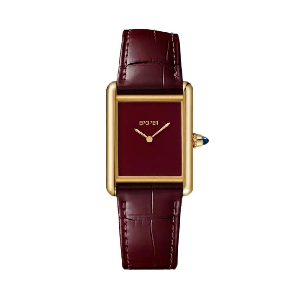 Elegant Retro Gold Square Case Quartz Watch with Burgundy Face and Leather Strap - Fashionable, Versatile, & Waterproof for Women