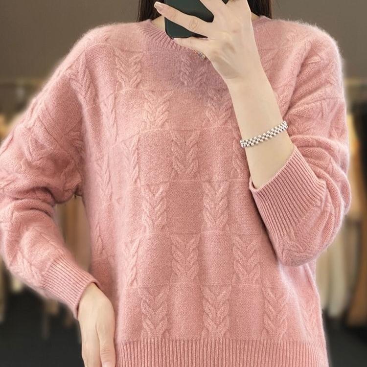 Loose Sweater Women's Round-neck Cut-out Knitted Sweater Loose Solid Color Casual Pullover for Autumn and Winter
