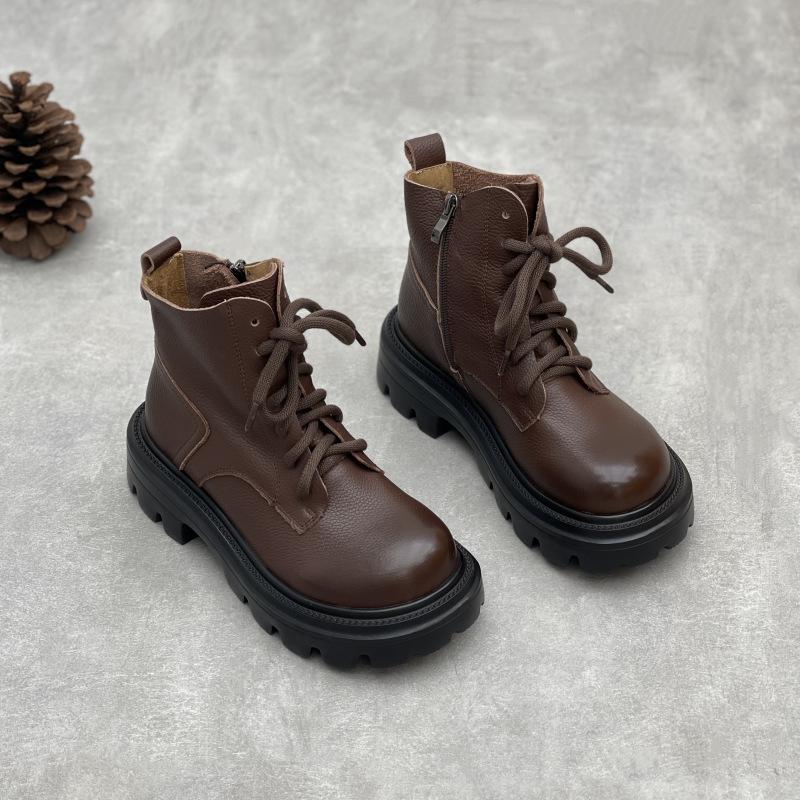 Johnature Ekte skinnstøvletter med tykk såle i britisk stil, allsidige damesko