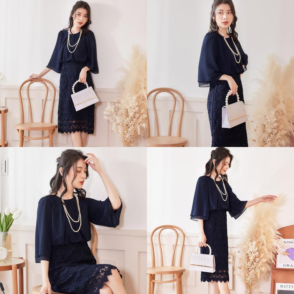 DEEPEYES Party Floral Back Tight Dress Dress, 3/4 Sleeve, Lace, Knee-Length, Slit, (L, Navy)