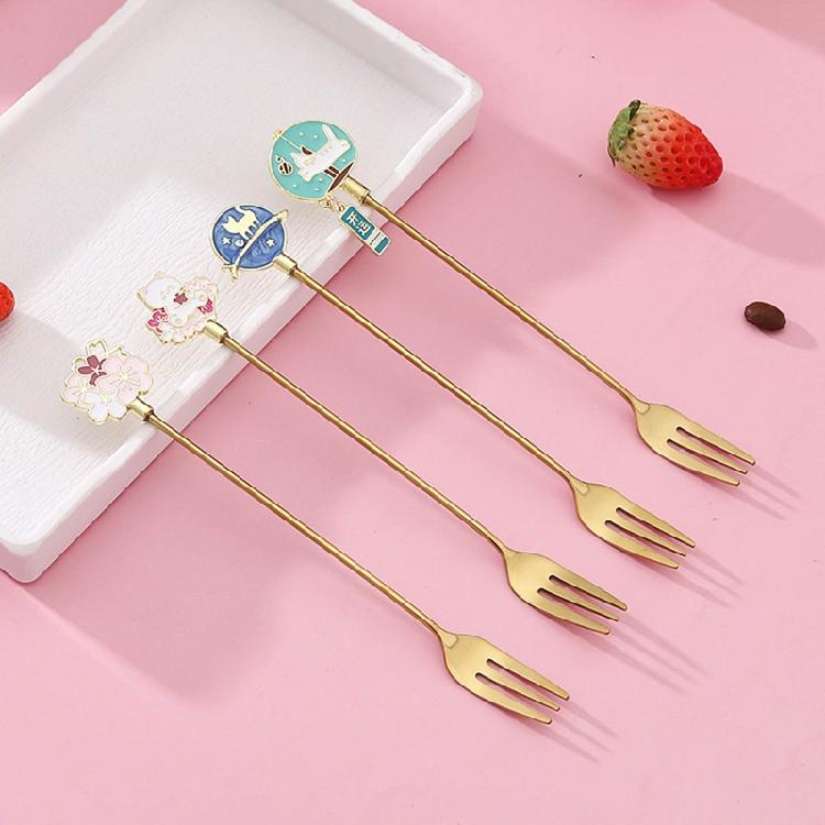 4Pcs Stainless Steel Dessert Spoon Fork Long Handle Coffee Stirring Spoons Cats Teaspoon for Dessert Milkshakes Salad