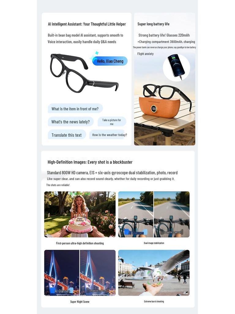 X01 800W Reverse Charging Case with Smart Glasses: Power Display, AI Assistant, Object Recognition, Translation, and Recording.