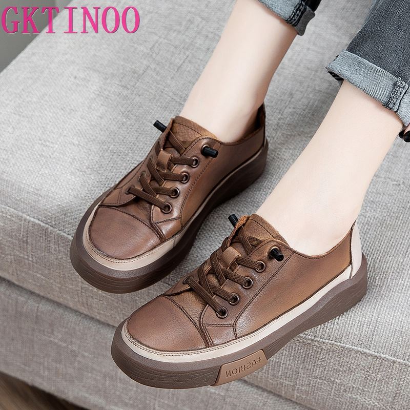Fashion GKTINOO Genuine Leather Retro Women Sneakers Casual Lace Up Flat Ladies Shoes Fashion Breathable Comfort Women's Flat Shoes