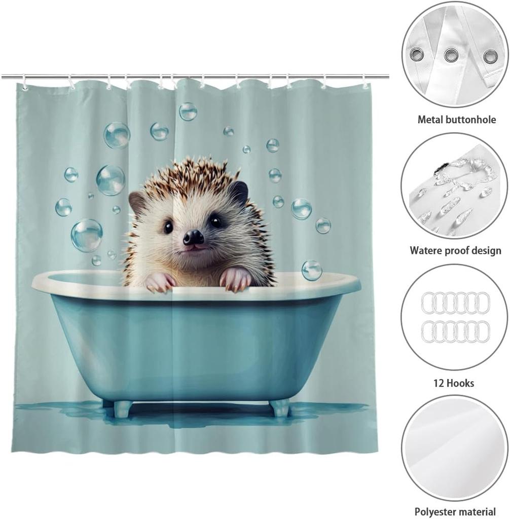 Funny Hedgehog Shower Curtain Hedgehog Bathing In Bathtub Cute Animal Puppy Pet Hilarious Shower Curtain Bathroom Set
