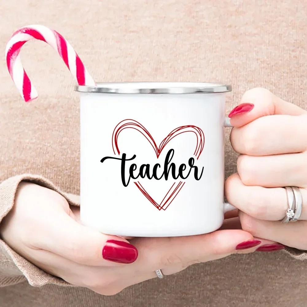 Teacher's Day Stationery Heart Apple Enamel Mugs Handle Cups Coffee Tea Milk Mugs Bonfire Party Best Gifts for Teacher