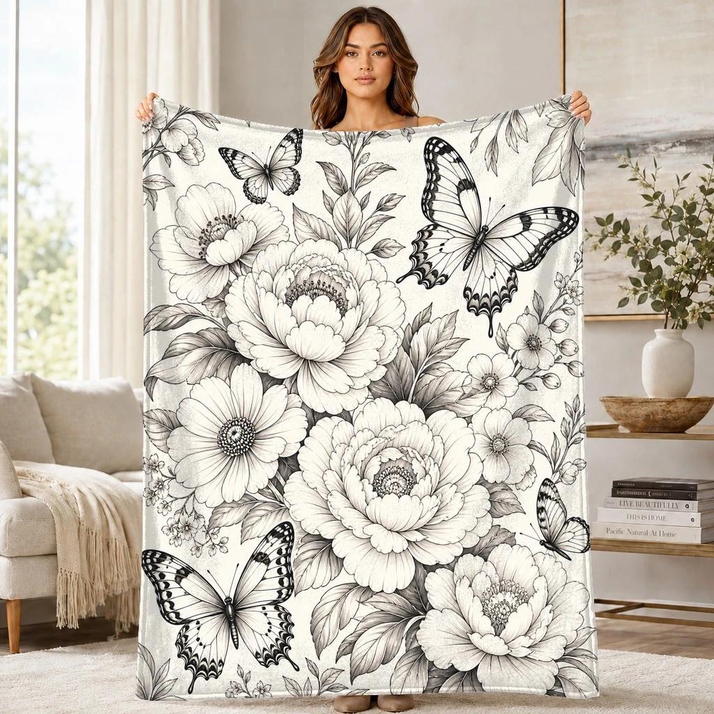 Floral Butterfly Line Coral Fleece Blanket
