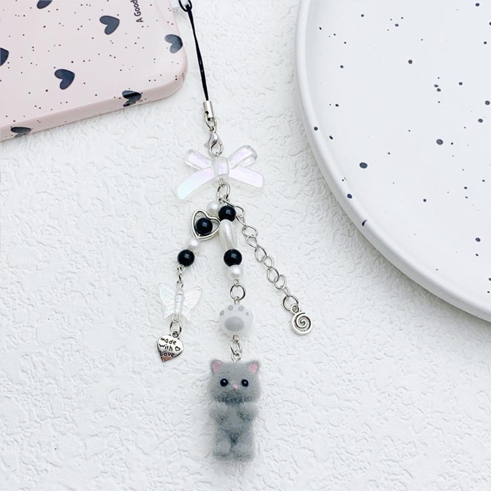 Cute Sweet Bowknot String Beads Flocking Kitty Key Chains Mobile Phone Pendant for Women Exquisite Cat Jewelry Accessory Gifts