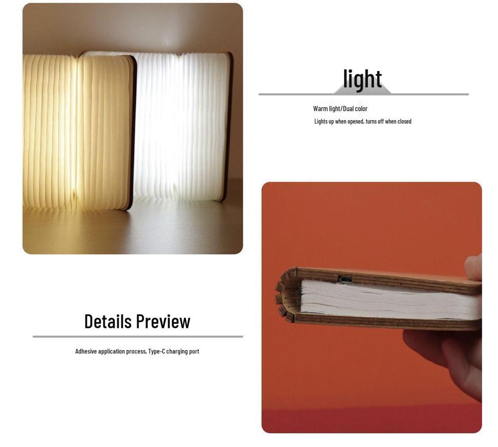 Folding Wooden Book Light: Creative Bedside Wireless Night Lamp