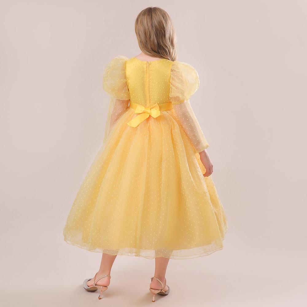 4-14 Years Girls Stereo Flower Gigot Sleeve Tie Back Mesh Party Sequins Bridesmaid Wedding Floral Plain Dress 2023