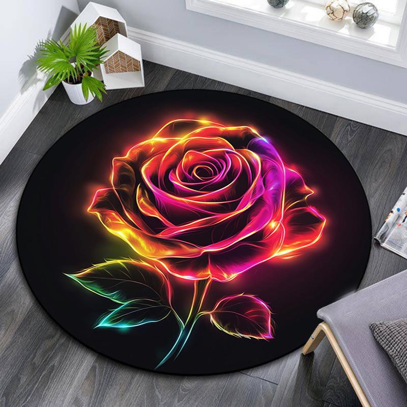 Rainbow Rose Round Area Rug,Carpet Rug for Living Room Bedroom Sofa Playroom Decor,Non-slip Floor Mat