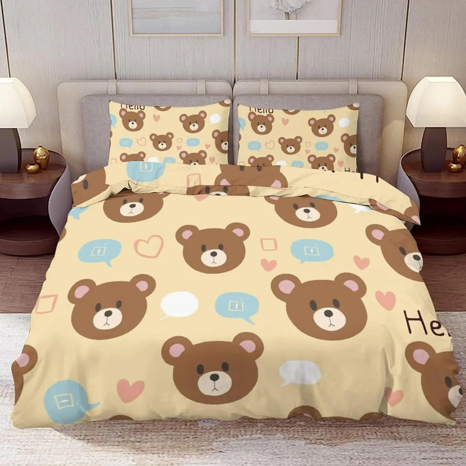 Cartoon Beer Print Beddengoed Set 2/3 stuks Dekbedovertrek Kussensloop Schattige Print voor kinderen Enkele/ Queen King Size Slaapkamer Decoratie Cadeau 135×200cm