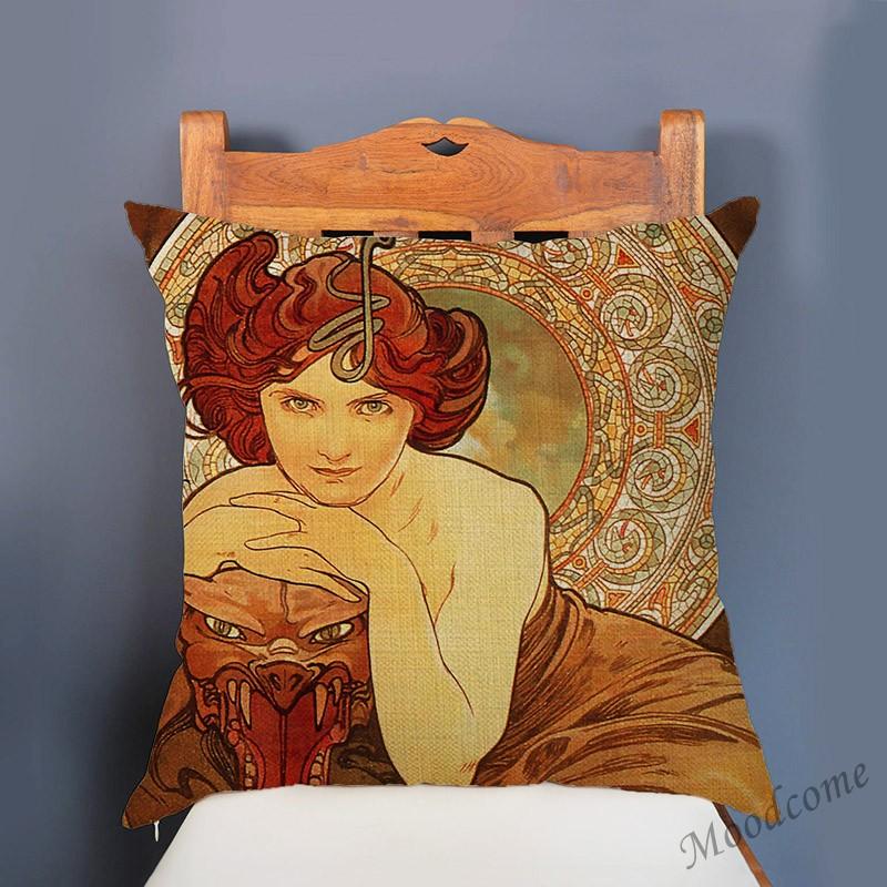 Vintage European Art Nouveau Mucha Gallery Decorative Sofa Pillow Cover Beautiful Beauty Girl Cotton Linen Luxury Cushion Cover