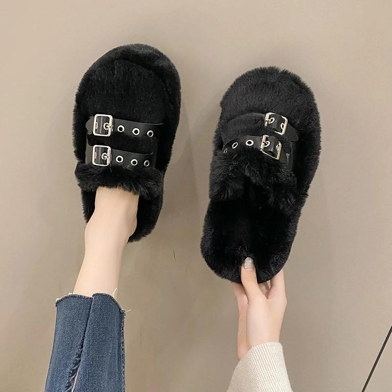 Fashion 2024 New Plush Baotou Slippers Fairy Style Outerwear Fashion Buckle Thick Sole Warm Women's Shoes Casual Tenis De Mujer