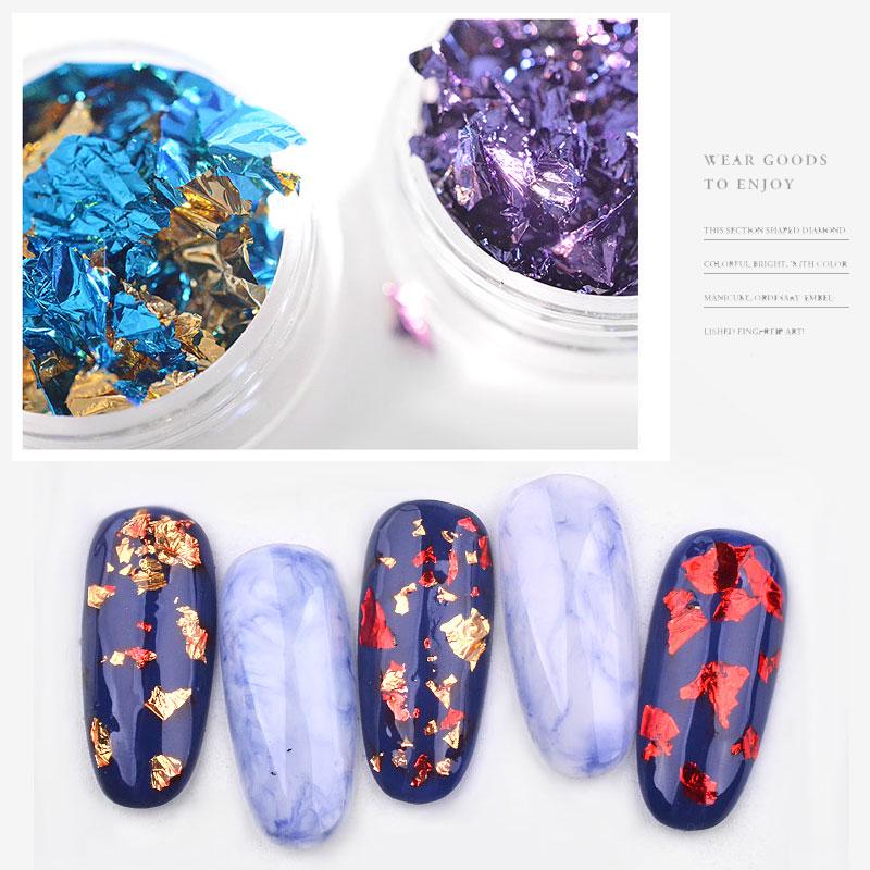 Nail Art barevné třpytivé hliníkové fólie 3D Flake Sticker UV Gel Polish Full Cover Laser Paillette