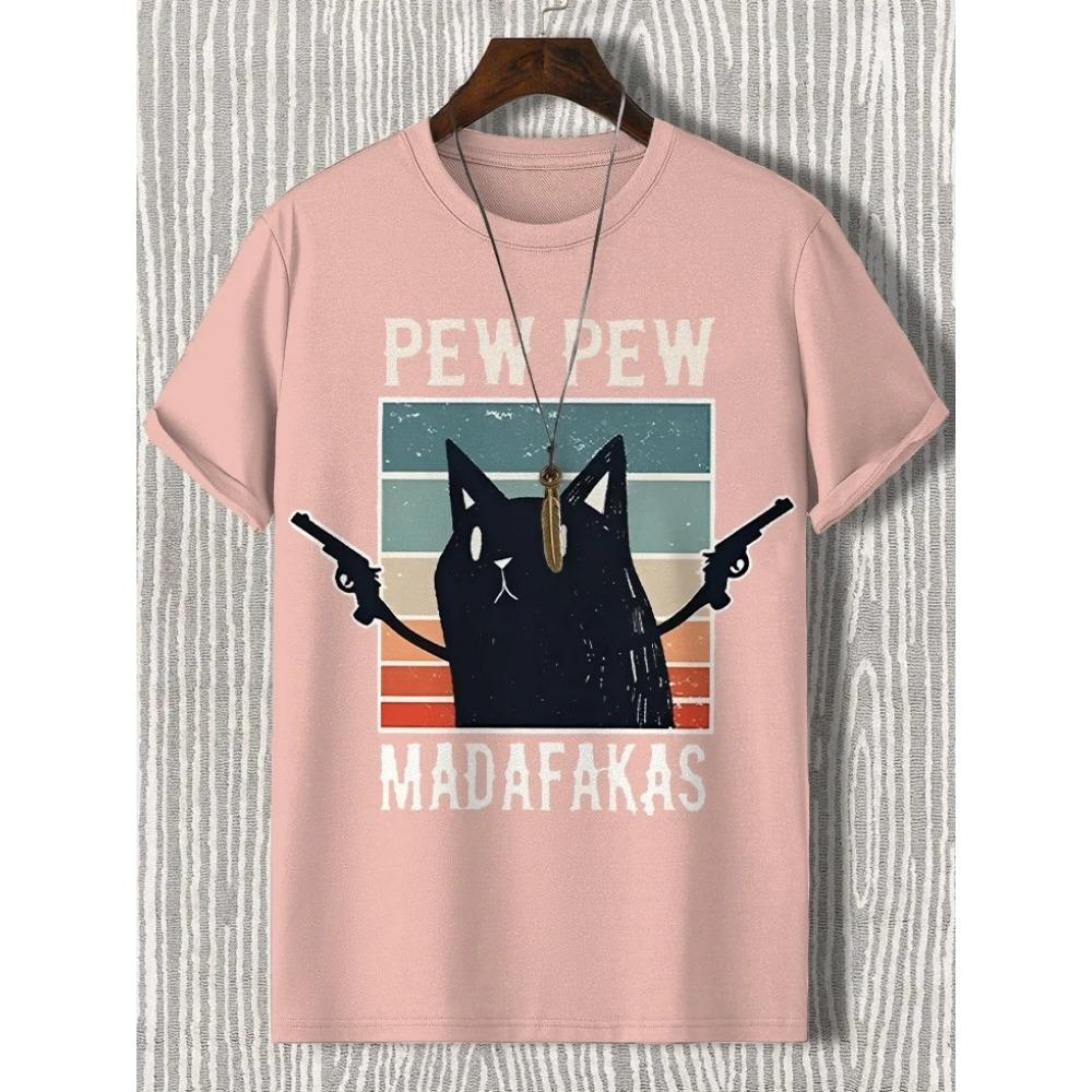 

Men s Pew-Pew Funny Cat Print Casual T-Shirt Summer Short Sleeve Round Neck Streetwear Tops Simple Loose Harajuku Tees 3XL