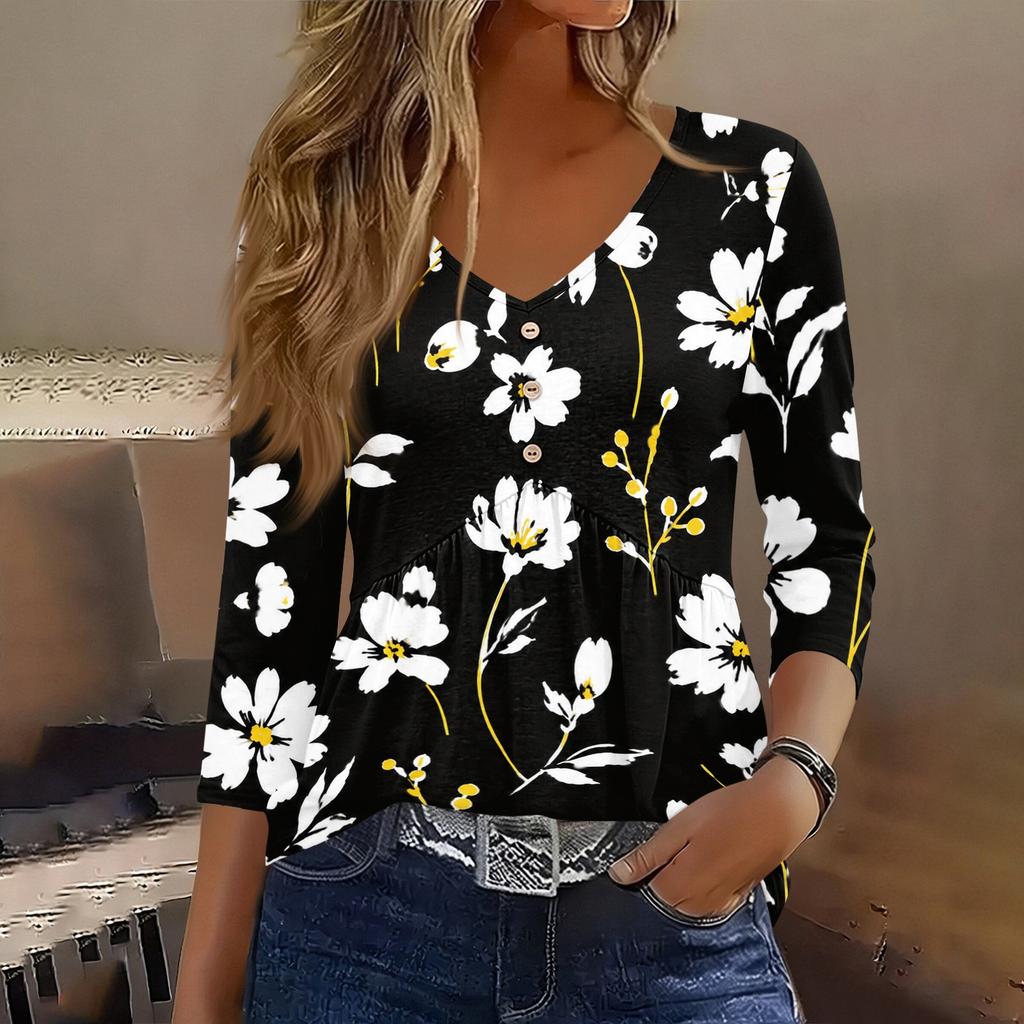 Damen 3/4 Ärmel V-Ausschnitt Knopfdetails Blumenmuster Tunika Oberteil Lässig Lockerer Schnitt Leichte Bluse