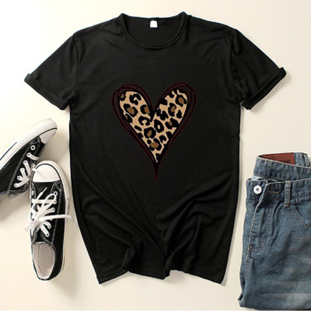 New Fashion Women's Top Short Sleeve Casual Love Leopard Printed Loose T-shirt