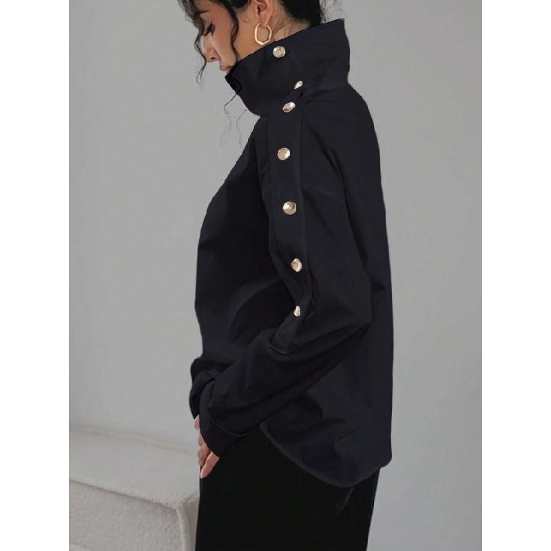 2026 New Elegant High Collar Metal Buckle Off-Shoulder Shirt Top for Women