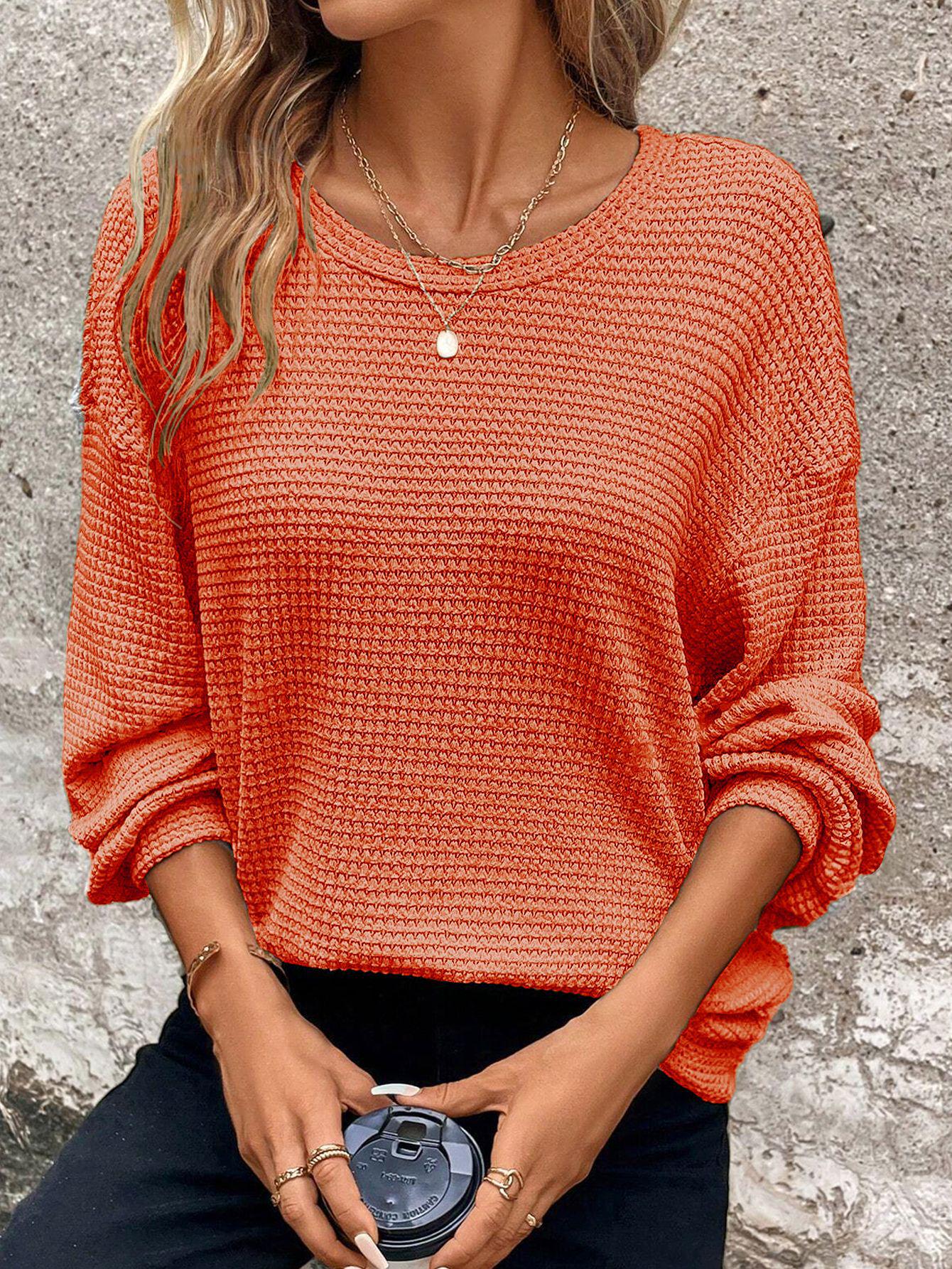 

2025 Cross-Season Women s Waffle Knit Round Neck Drop Shoulder Long Sleeve Loose Solid Color Hoodie 2XL оранжевый