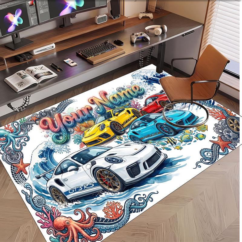 Car Racing Theme Soft Crystal Velvet Rug Custom Name & Text Print Non Slip Floor Rug for Bedroom Living Room