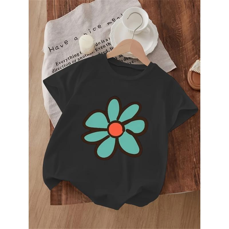 European Sizes Girls Clothing Personality Cool Flower Pattern Print Girls Round Neck Summer Comfortable Casual T-shirt Suitable for Outdoor Walking