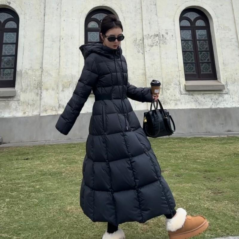 Black Long Down Jacket Women's Winter Hooded 2024 New White Duck Down Thickened Waist Super Long and Super Thick Coat
