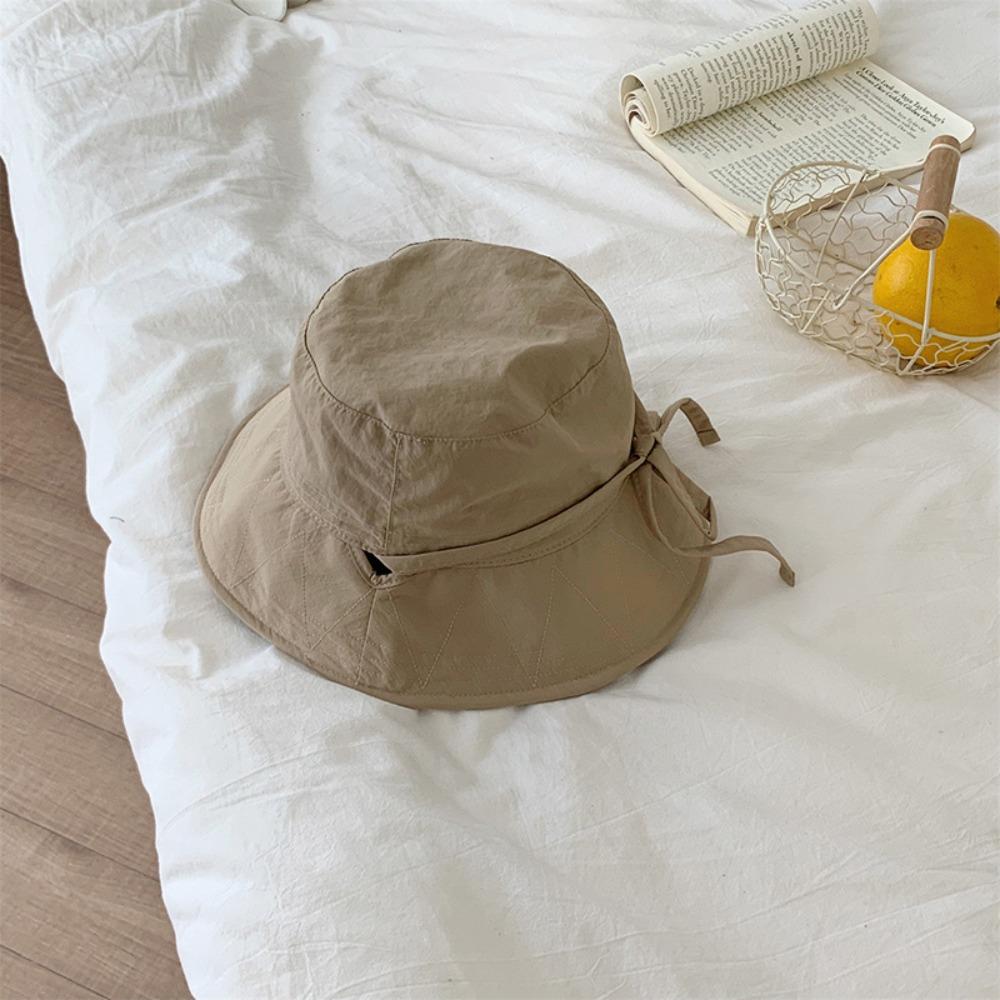 Wide Brim Bow Bucket Hat Solid Color Summer Sun Hat Simple Sunscreen Fisherman Hat  Camping