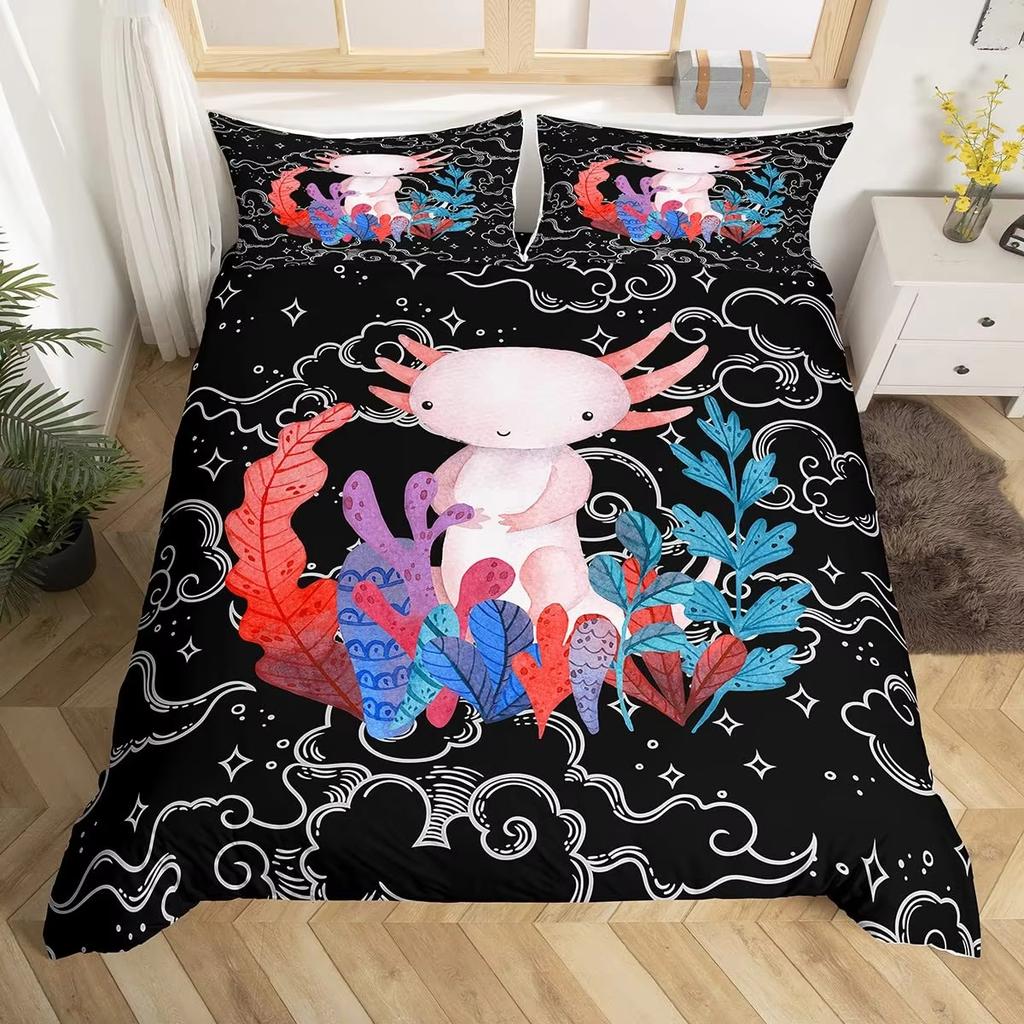 Karton Axolotl Weiches Bettbezug-Set Süßes Salamander-Bettwäsche-Set Kawaii Tierdecke Warme Deckenbezug für junge Jungen junge Mädchen Frauen Schlafzimmer Dekor