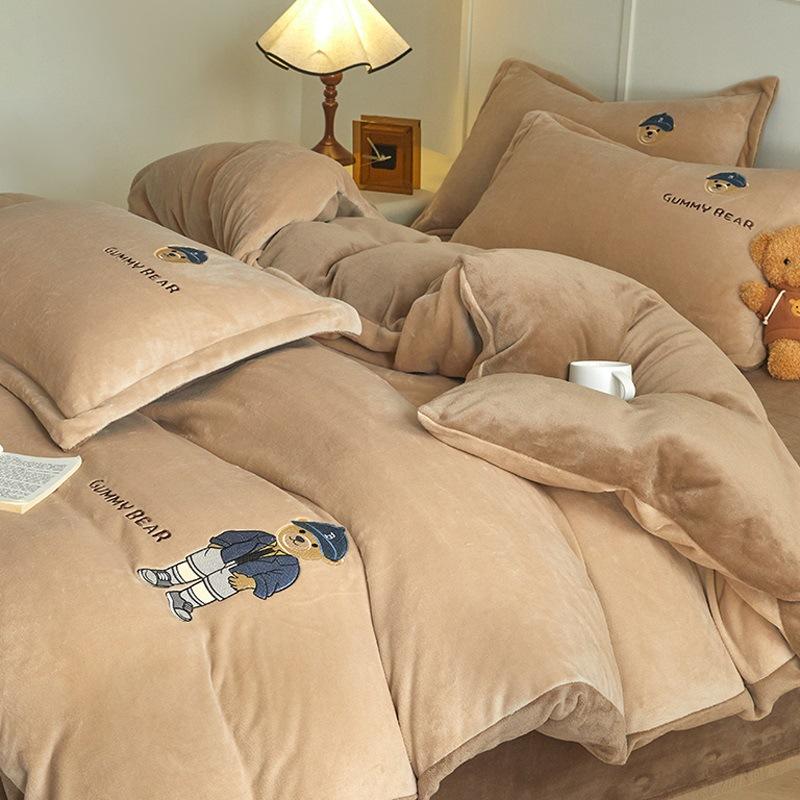 Thickened Milk Fleece Four-Piece Children'S Coral Flannel Quilt Cover, Bed Sheet Fleece Embroidery Bedding