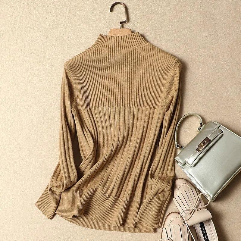 Осенне-зимний приталенный пуловер, модный свитер с высоким воротником, женский вязаный низ с длинными рукавами, верхняя одежда 28979 One Size верблюд