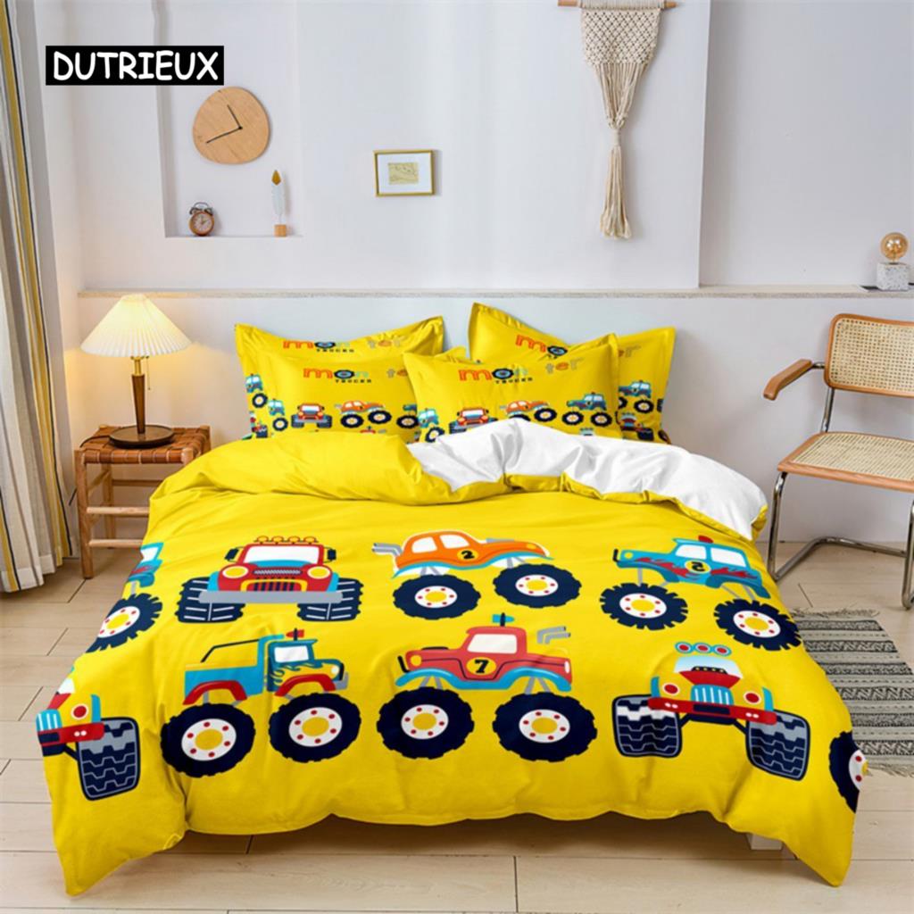 Boys Cartoon Car Duvet Cover Bedding Set Construction Vehicles Comforter Cover Kid Cartoon Machinery Truck Soft Polyester Decor