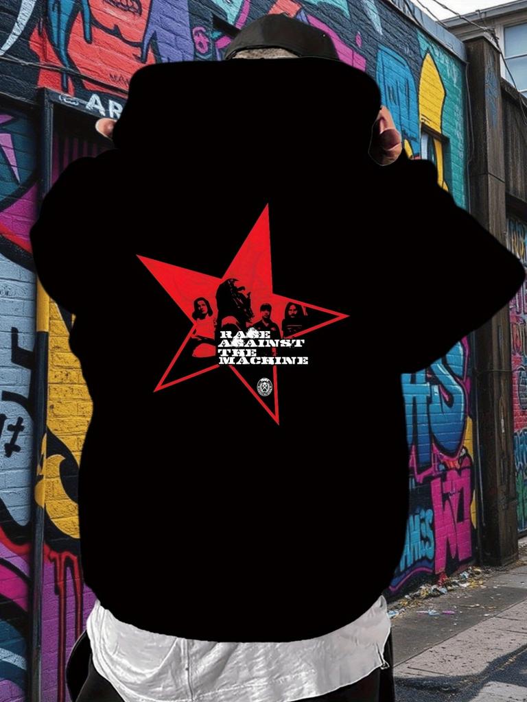 Rage Against The Machine Hoodie - Black Band Pullover with Red Star Graphic