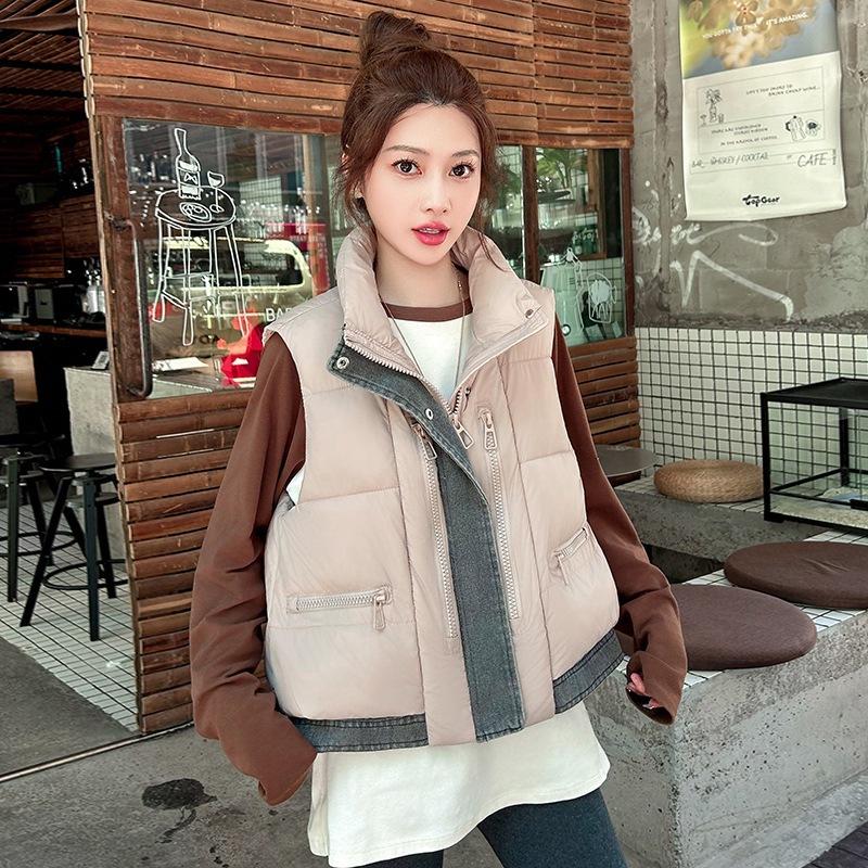 New Korean Version Loose Cotton Vest Denim Splicing Stand Collar Autumn and Winter Cotton Vest Vest Down Cotton Vest Women's Outer Wear