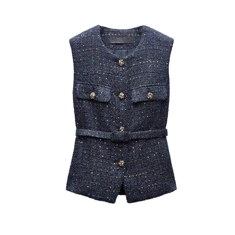Autumn and Winter New Fashion Slim fit round Neck Sleeveless With Belt Beads Decoration Breasted Texture Vest 9298725