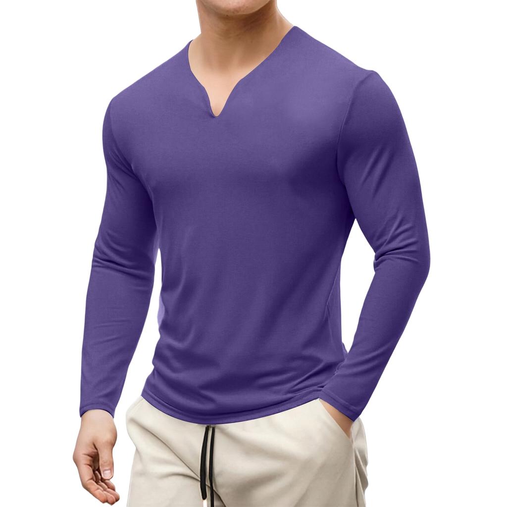 Męska casualowa koszulka sportowa i fitness, rozmiar plus, męska elastyczna i wygodna, z długim rękawem i dekoltem w serek, bazowy top