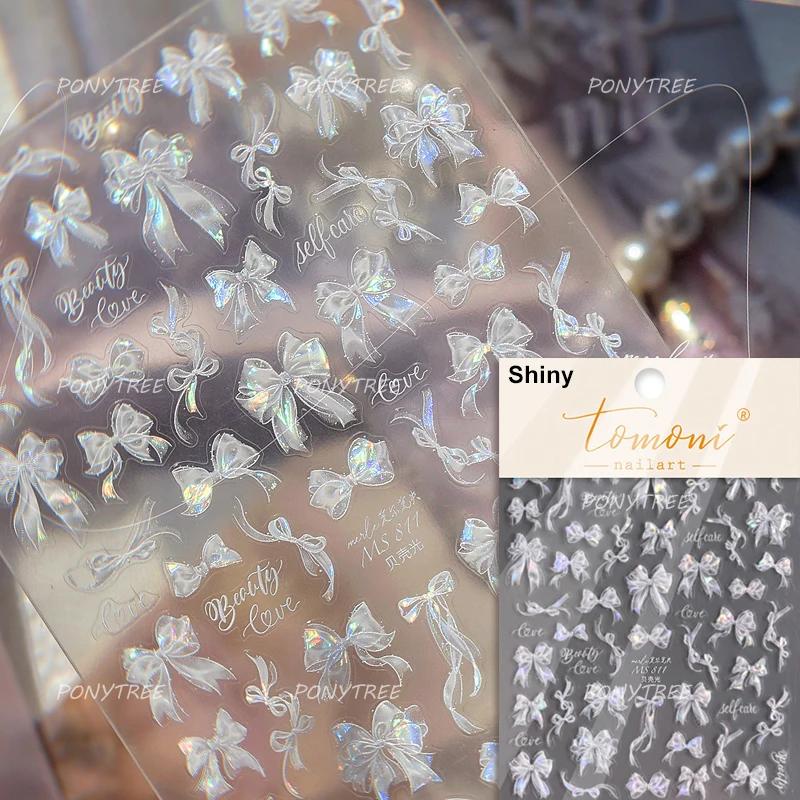 Shiny Polarized White Ribbon Bowknot Stars Tassel 3D Self Adhesive Nail Art Stickers Lovely Bow 5D Embossed Manicure Decals