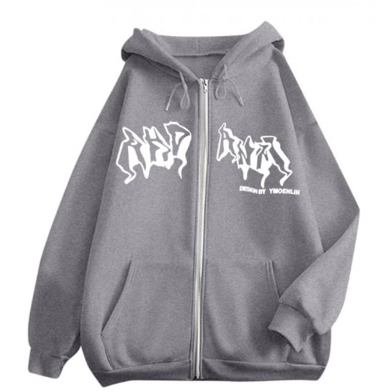 226 Gothic Print Zip Up Hoodie Unisex Women Casual Fall Winter Loose Fit