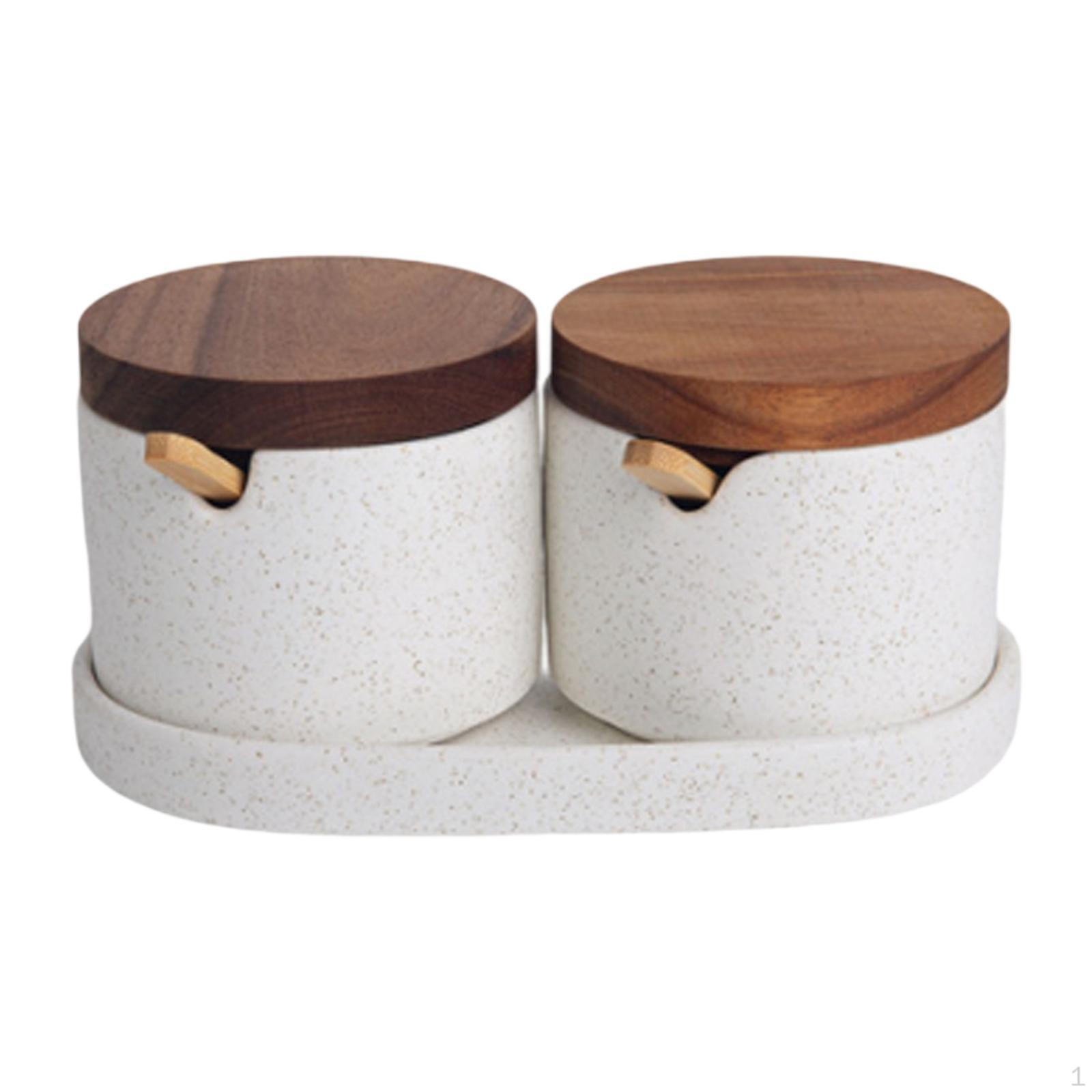 

2 Pieces Condiment Jar Ceramic Spice Sugar Elegant Design Spoon Wooden Tray Storage 2Pcs