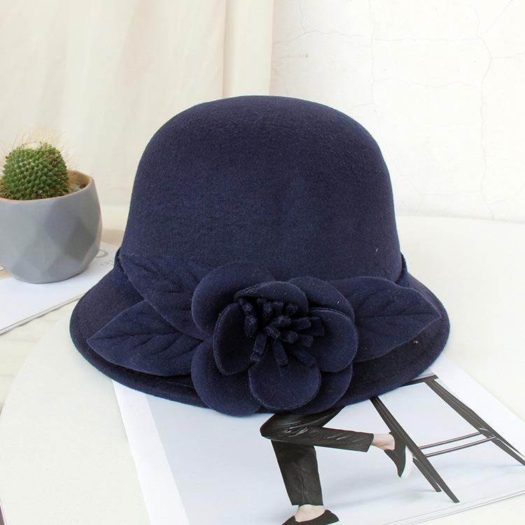 New Hat Women's Autumn and Winter British Woolen Woolen Pot Hat Fashion Flower Bucket Hat Warm Felt Top Hat