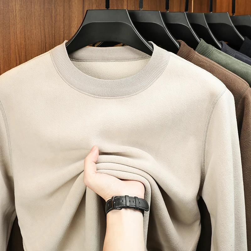 Men's Autumn Winter Velvet Hoodie Long Sleeve Round Neck Solid Color Fashion Casual Versatile Top