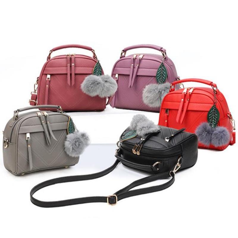 Leather Top-handle Bags Women Shoulder Handbags Hair Ball