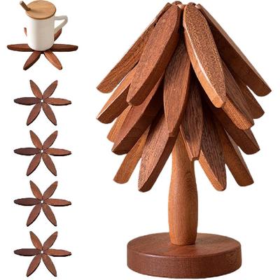 Houten Onderzetters Voor Hete Gerechten, Boomvorm Onderzetter Set, Onderzetters Voor Hete Gerechten - 4 Houten Onderzetters 1 Standaard Opgeborgen Als Een Kerstboom