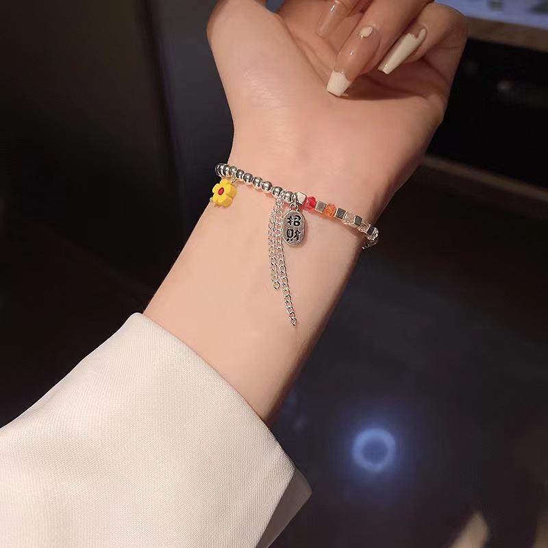 ANENJERY Colored Crystal Beaded Bracelet Women's Niche Design Lucky Fortune Flower Stretch Bracelets Jewelry Accessories