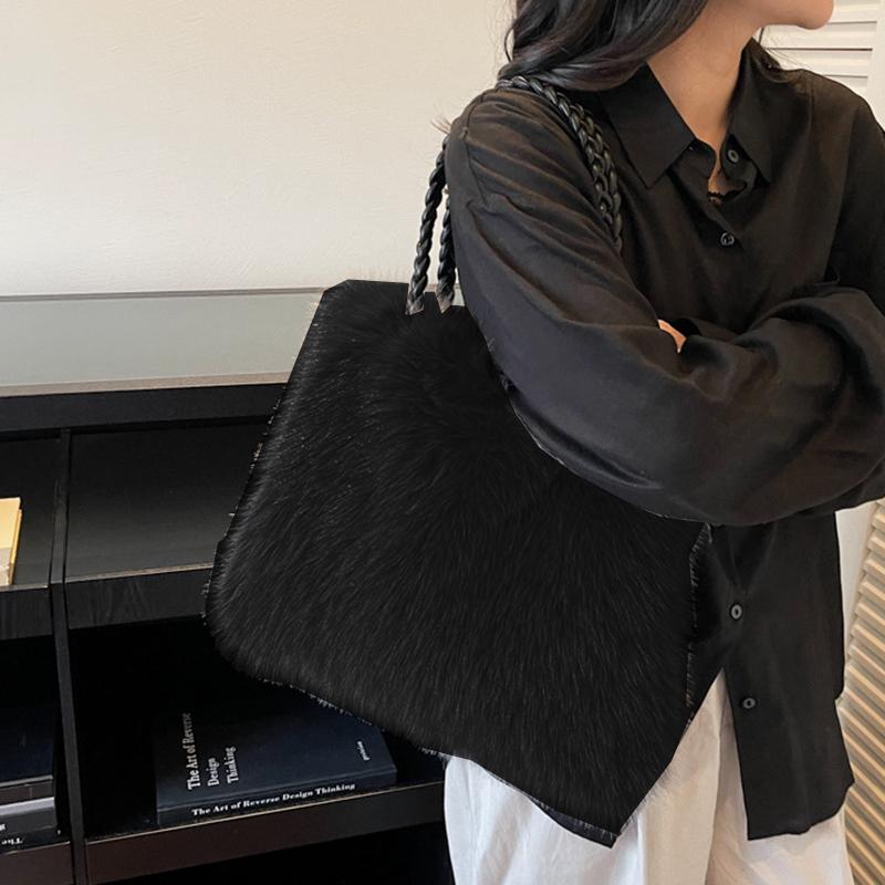 Women Fashion Plush Shoulder Bag Solid Color Woven Strap Large Capacity Soft Material Lightweight Daily Commute Handbag KTB