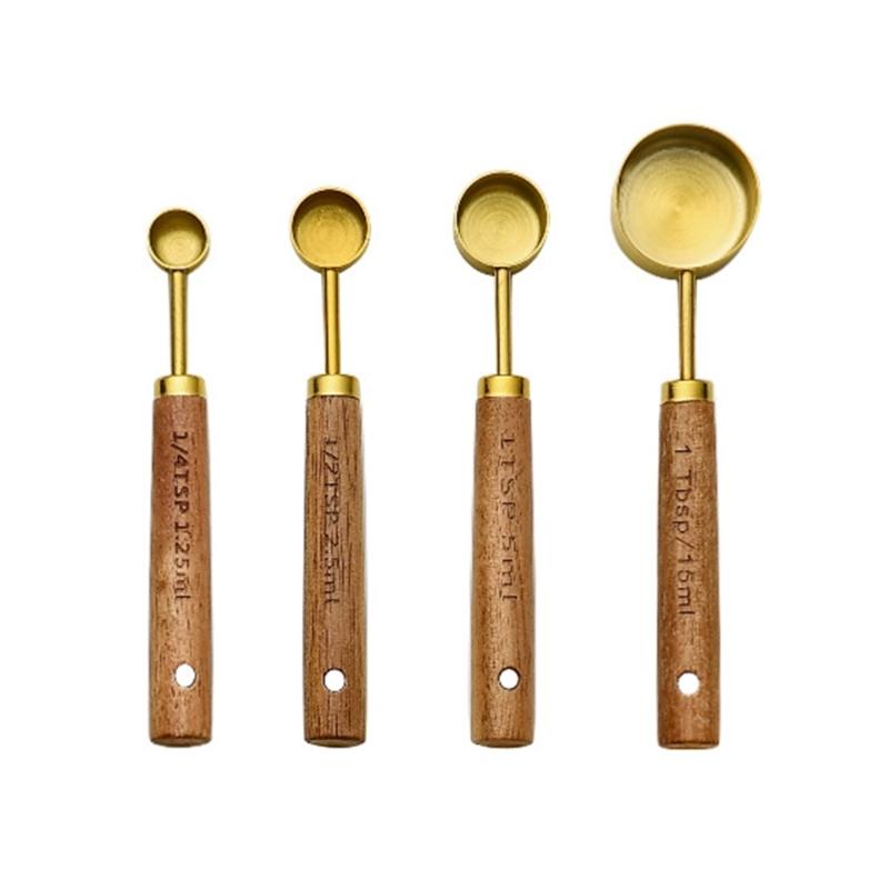 Set of 4 Baking Tool Set Stainless Steel Measuring Cups Measuring Spoons Wood Handle Kitchenwares for Baking Cooking