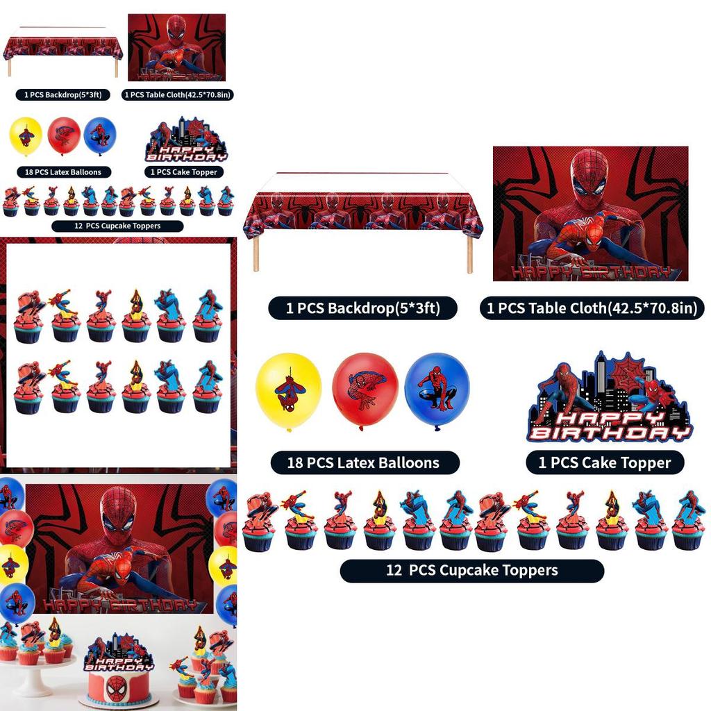 Spider Man Party Tablecloth Backdrop Balloon Cake Decor Set For Superhero Celebration